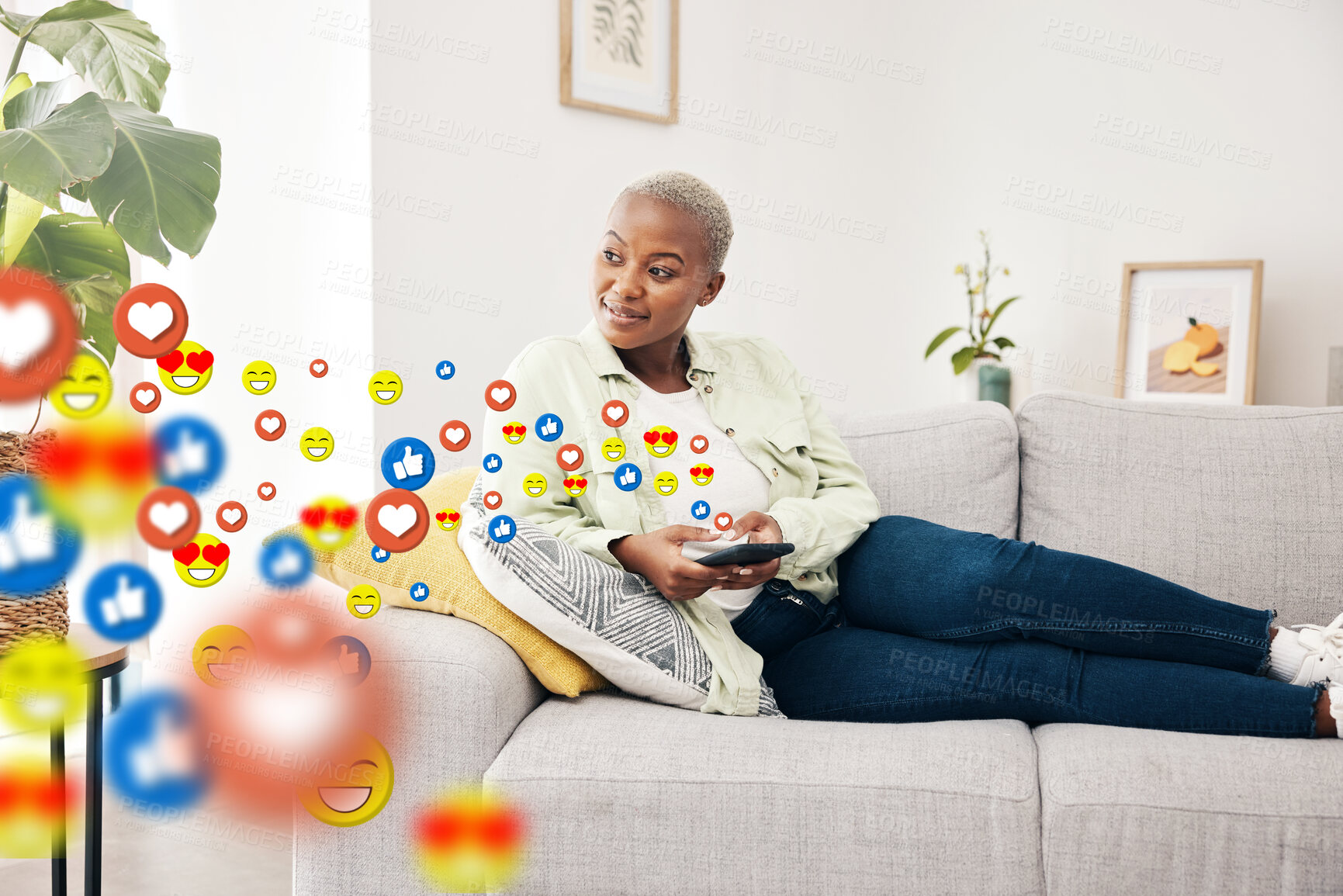 Buy stock photo Phone, thinking and black woman with social media icons, mobile app emojis and online blog post, feedback or review. Home cellphone, ideas and user communication, opinion and relax on lounge sofa