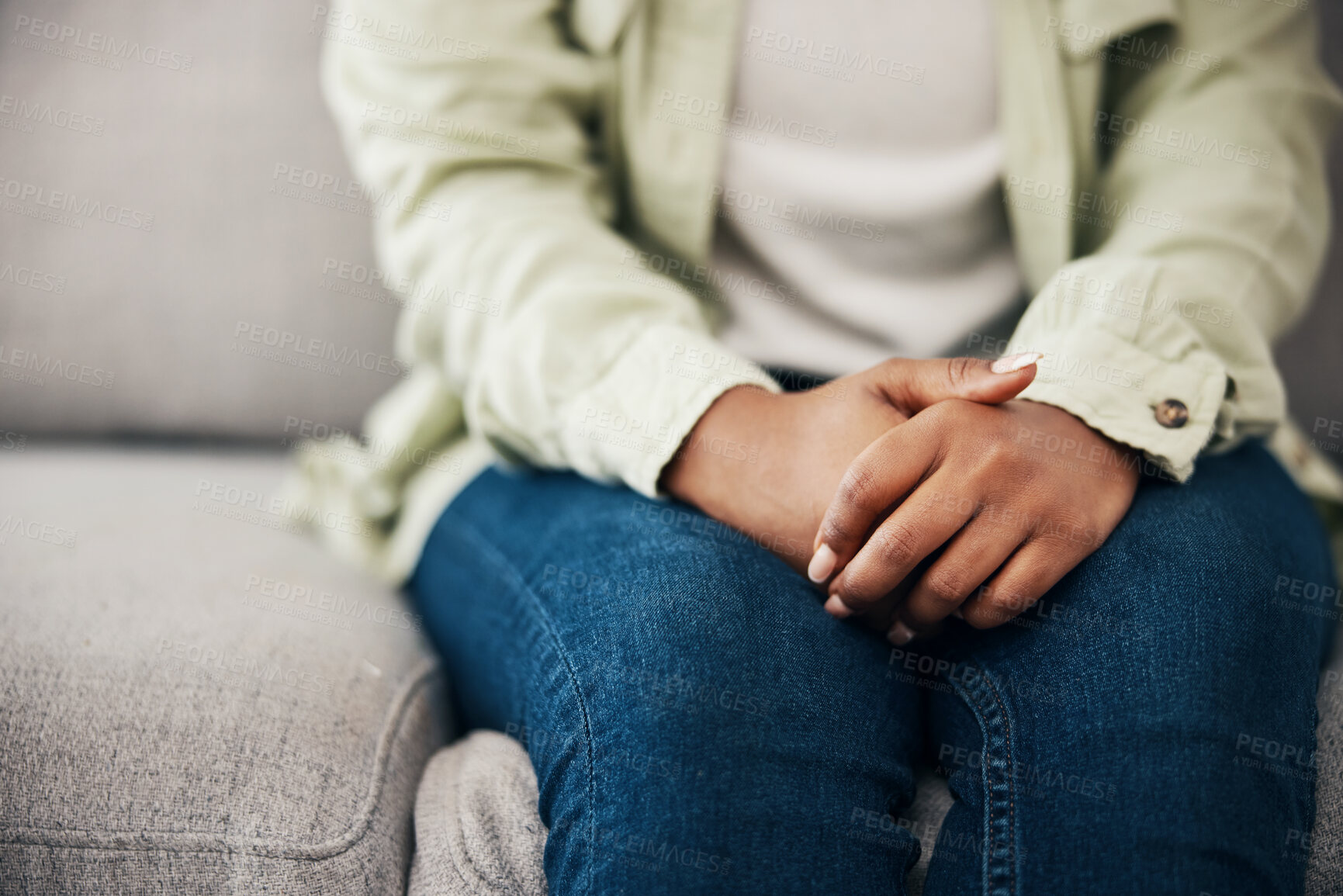 Buy stock photo Stress, hands and woman on a sofa with depression after news of cancer or diagnosis in her home. Anxiety, zoom and female with mental health crisis for infertility results, disaster or mistake fail