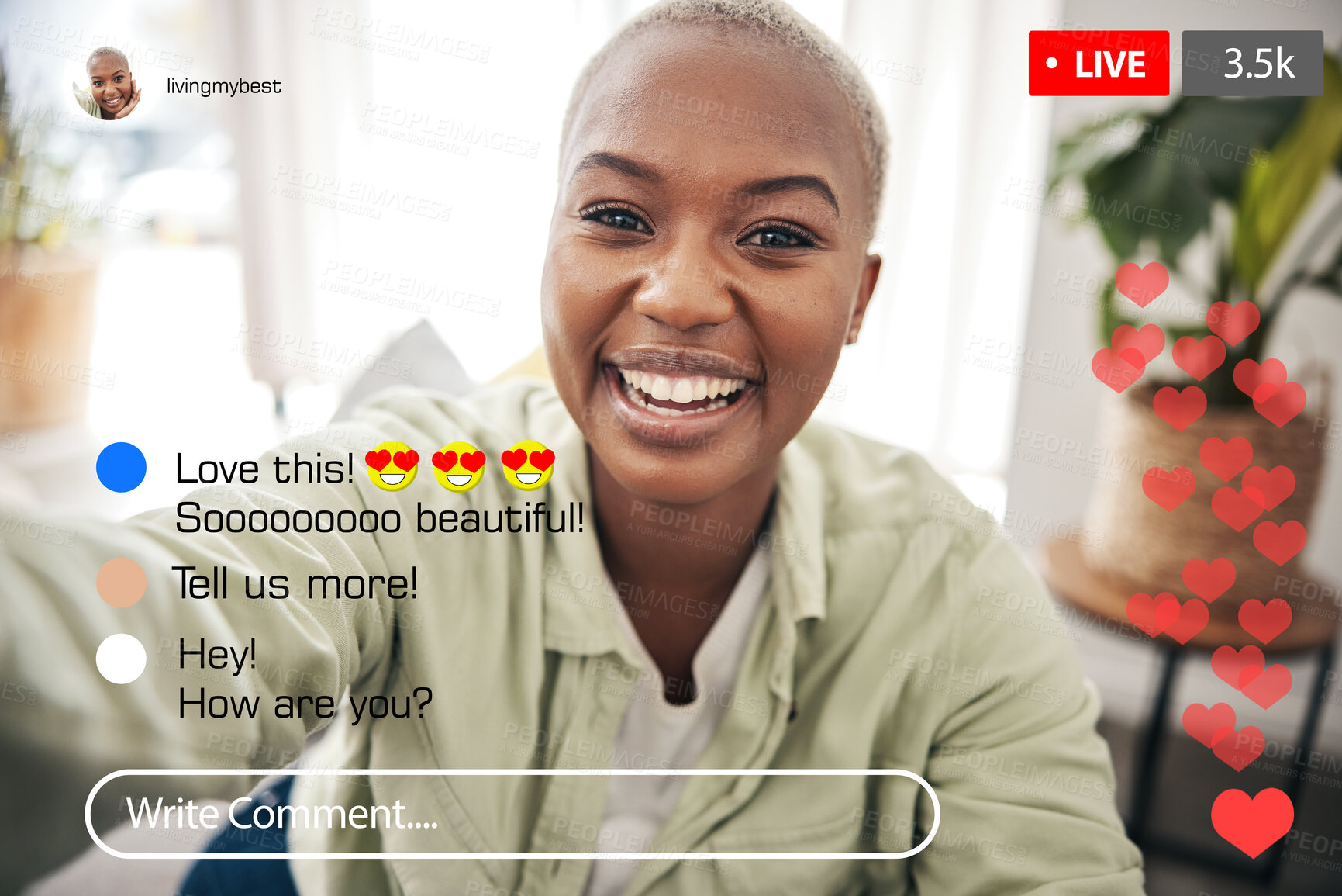Buy stock photo Selfie portrait, black woman and live streaming social media video, online comment or broadcast feedback, notification or communication. Home content creator, app screen face and influencer recording