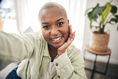 Buy stock photo Home, portrait or black woman taking a selfie with a happy smile on sofa to post on social media. Apartment, face or African person taking a photo, vlog or picture on couch in living room to relax 