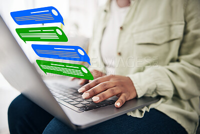 Buy stock photo Laptop, message icon or hands of woman typing for communication, social media or online chat. Emojis, notification overlay or closeup of person on app to scroll on website or digital network at home