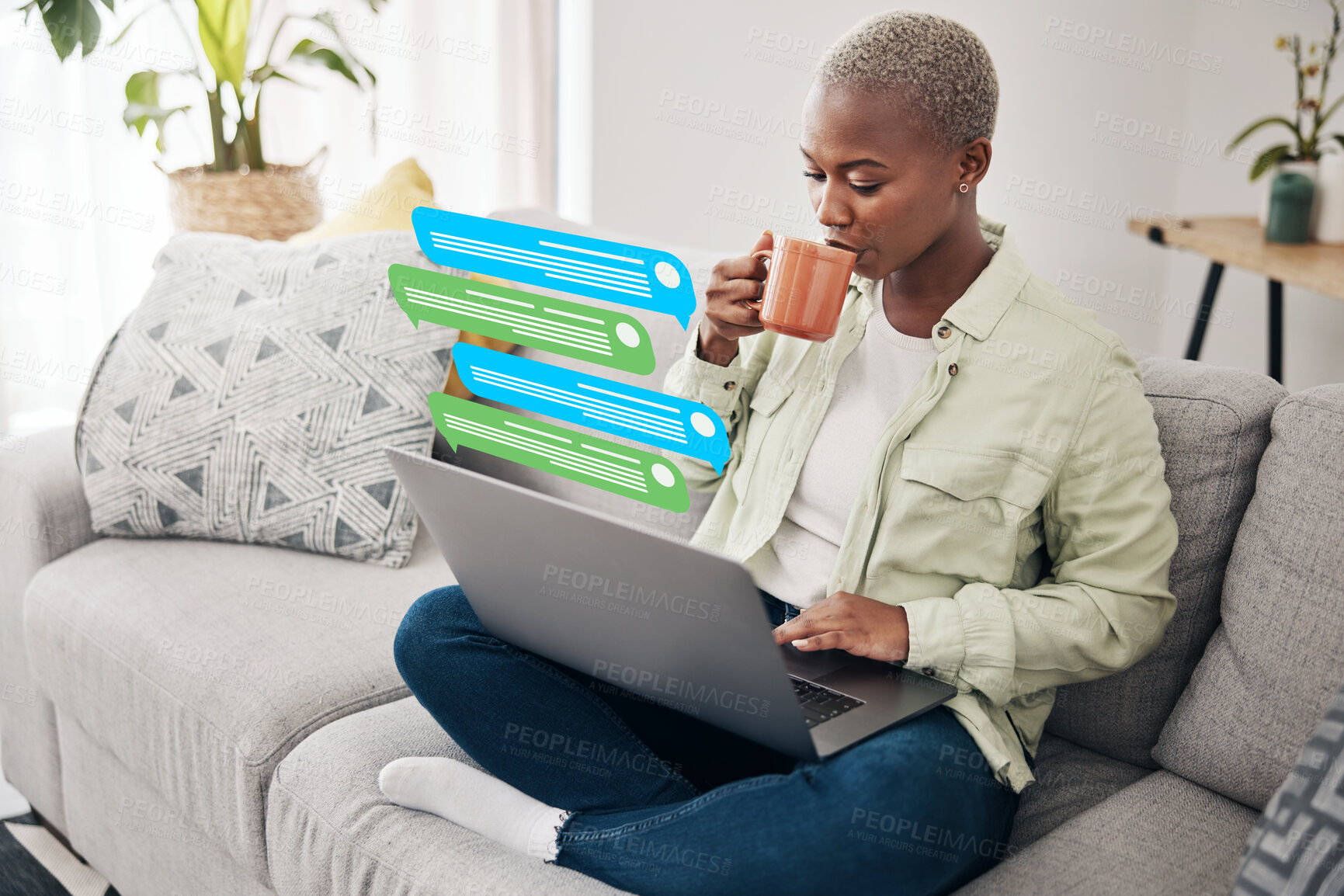 Buy stock photo Coffee, message notification or black woman on laptop for communication, social media or online chat. Tea, email overlay or African person on app to scroll on website or digital network at home sofa