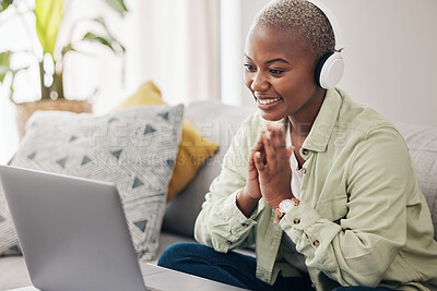 Buy stock photo Laptop, home and happy woman reading results, email or feedback for job opportunity success. Gratitude, headphones or excited African person in celebration of review or online sales on computer or pc