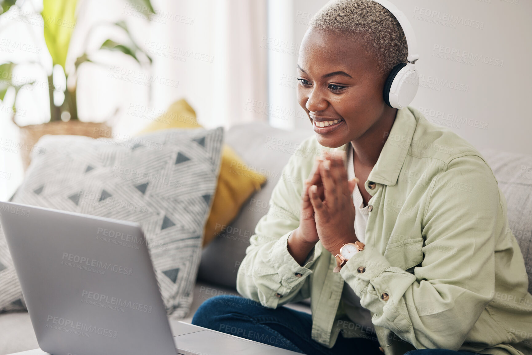 Buy stock photo Laptop, home and happy woman reading results, email or feedback for job opportunity success. Gratitude, headphones or excited African person in celebration of review or online sales on computer or pc