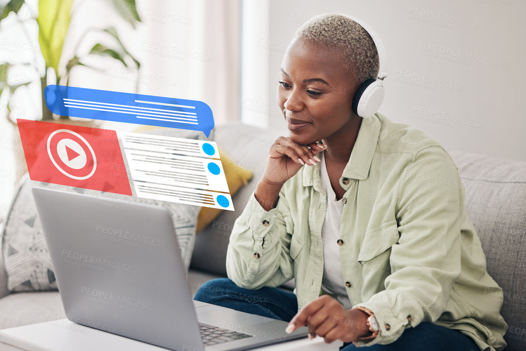 Buy stock photo Home, laptop and black woman with headphones, hologram and connection with digital app, streaming music or notification. African person, girl or lady on a sofa, holographic or headset with info or pc