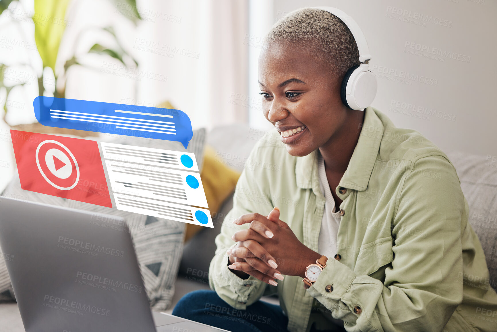 Buy stock photo Home, movie review or black woman with laptop reading social media chat or online opinion in living room. Headphones, feedback overlay or happy person on film streaming website or digital network 