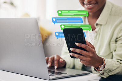 Buy stock photo Chat, remote work and person with phone and laptop for an email, connection or typing in a home. Business, entrepreneur and freelance worker with mobile for an app, icon or pc for networking