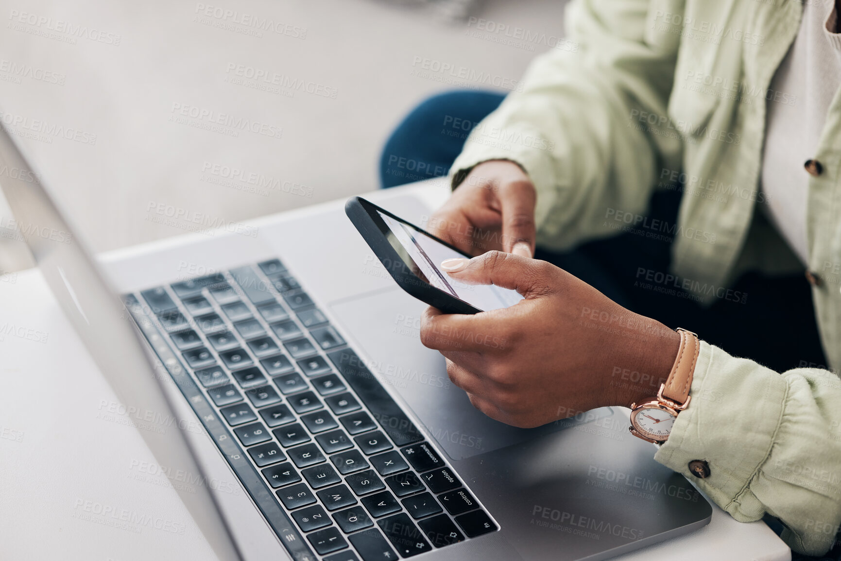 Buy stock photo Hands, woman and laptop with smartphone, typing and connection with network, online reading and mobile app. Person, pc and girl with a cellphone, social media and search internet with digital apps