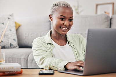 Buy stock photo Black woman, laptop and remote work in living room for elearning, subscription info and social media. Happy freelancer typing on computer to search internet website, online shopping and reading blog