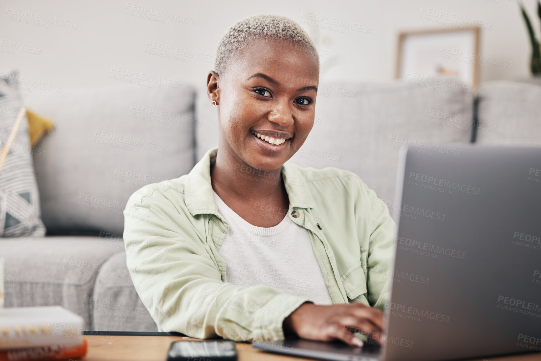 Buy stock photo House, portrait or happy woman typing on laptop for communication, social media or online dating. Smile, remote work or African person with technology to scroll on website or digital network at home