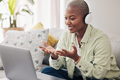 Buy stock photo Laptop, video call or black woman in headphones for remote work, conversation or online research at home. Smile, podcast or happy journalist working on computer or streaming music on social media