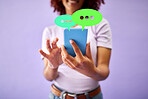 Phone, hands and woman on social media speech bubble in studio isolated on purple background mockup space. Smartphone, communication and person on chat, feedback opinion or voice notification online