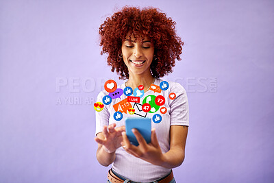 Buy stock photo Smile, chat and a woman with a phone for social media, networking or digital marketing. Happy, reaction and a girl reading on a mobile with a notification icon on a purple background for an app