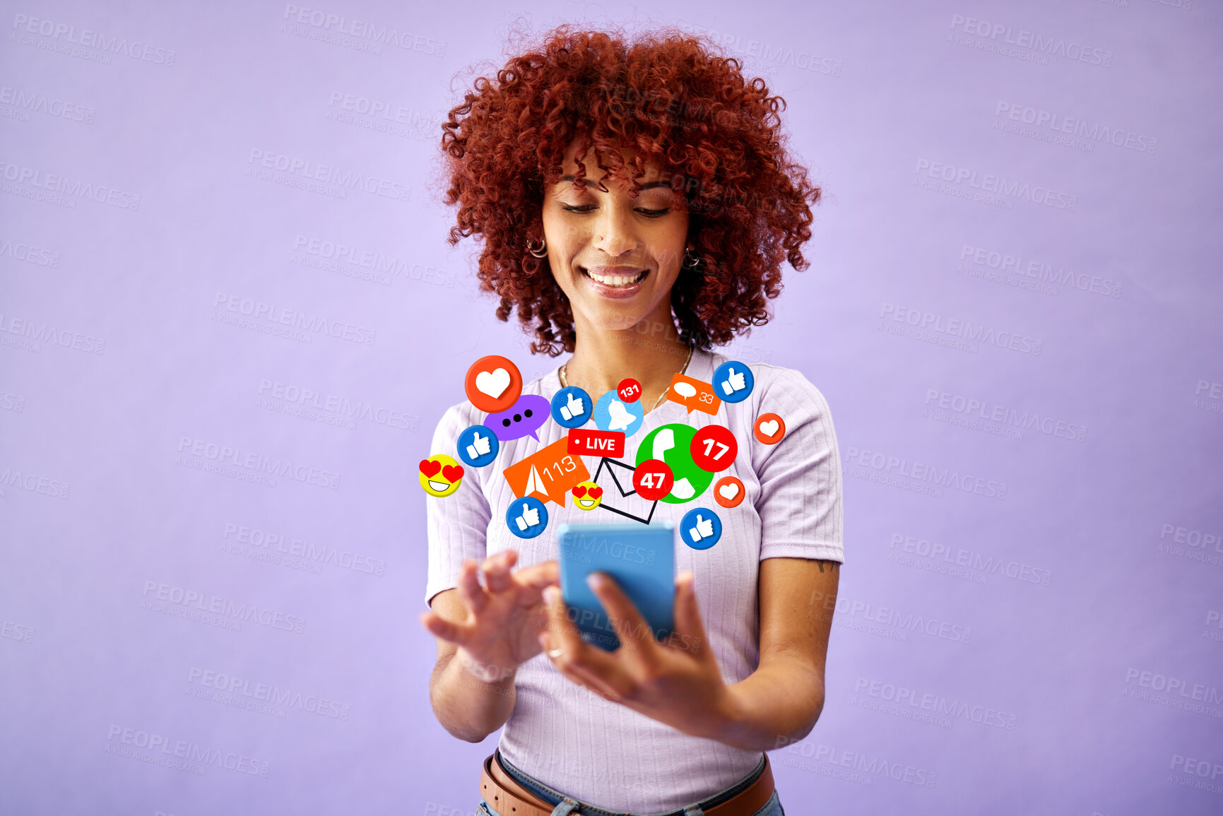 Buy stock photo Smile, chat and a woman with a phone for social media, networking or digital marketing. Happy, reaction and a girl reading on a mobile with a notification icon on a purple background for an app