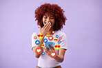 Surprise, chat and a woman with a phone for social media, networking or digital marketing. Happy, reaction and a girl reading on a mobile with a notification icon on a purple background for an app