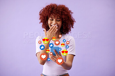 Buy stock photo Surprise, chat and a woman with a phone for social media, networking or digital marketing. Happy, reaction and a girl reading on a mobile with a notification icon on a purple background for an app