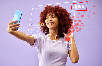 Buy stock photo Smile, selfie and woman on social media, live streaming and love emoji overlay in studio isolated on a purple background. Happy, photography and profile picture of influencer on internet for review