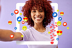 Selfie of happy woman influencer, social media and emoji in studio to like, subscribe and review. Frame, photography and girl on live stream with purple background with notification icon on video app