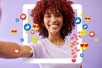 Buy stock photo Selfie of happy woman influencer, social media and emoji in studio to like, subscribe and review. Frame, photography and girl on live stream with purple background with notification icon on video app