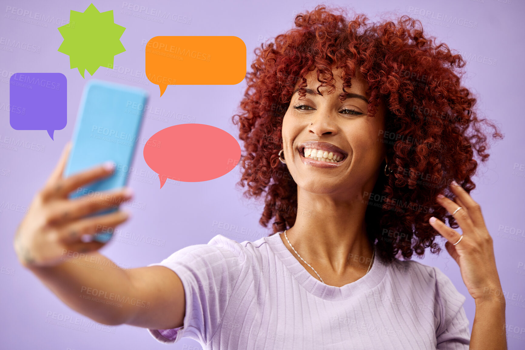 Buy stock photo Happy, selfie and woman on social media, speech bubble and communication in studio isolated on a purple background. Smile, photography and profile picture of influencer on internet for feedback chat