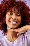 Happy, selfie and hand on face of black woman with confidence in profile picture for social media, blog or post. African, portrait or happiness with natural beauty or cosmetics on purple background