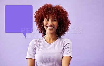 Buy stock photo Speech bubble, poster and portrait of woman in studio with social media, news or space on purple background. Communication, mock up and face of female person with forum, faq or banner for promotion