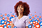 Portrait of happy woman with social media like emoji in studio to love, subscribe and review. Smile, face and girl on purple background with notification icon for vote, opinion and networking online.