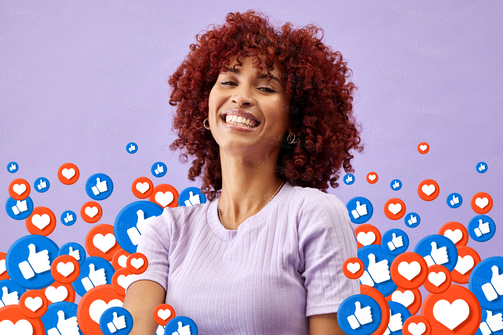 Buy stock photo Portrait of happy woman with social media like emoji in studio to love, subscribe and review. Smile, face and girl on purple background with notification icon for vote, opinion and networking online.