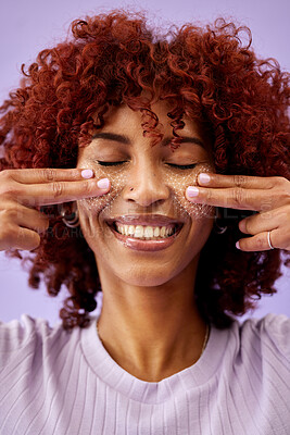 Buy stock photo Skincare, smile and a woman touching for moisture, cell rejuvenation or wellness on a purple background. Happy, face and a girl feeling skin for a beauty process, cosmetics or analysis on a backdrop