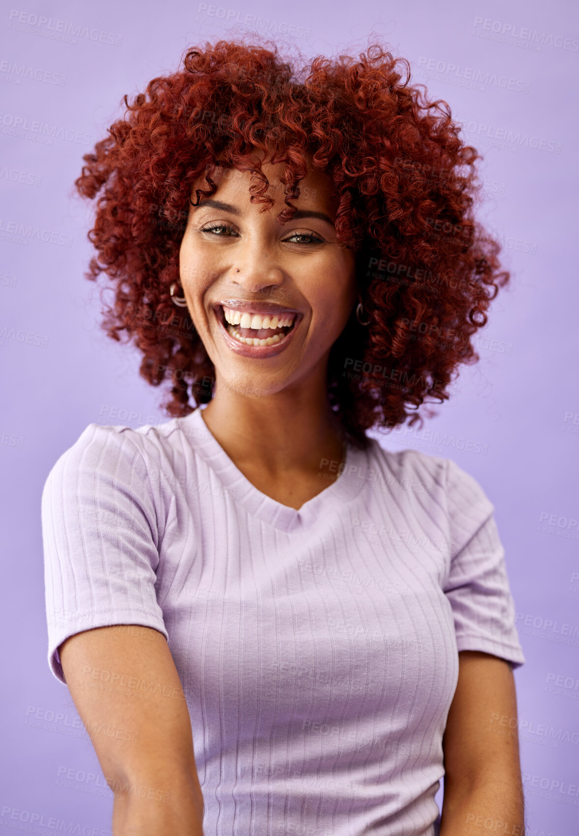 Buy stock photo Natural, African beauty and portrait of woman in fashion with confidence, pride and smile on purple background in studio. Happy, face and collagen cosmetics for afro or dermatology skincare in salon