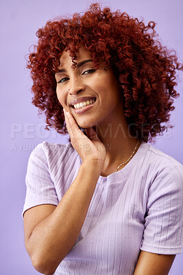 Buy stock photo Happy, makeup and portrait of woman in a studio with natural, beauty and glamour face routine. Self care, cosmetic and young female model from Mexico with facial cosmetology by a purple background.