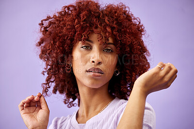 Buy stock photo Hair care, portrait and face of black woman with natural afro and growth for glow and shine in studio on purple background. Wellness, person and healthy texture of cream and argon oil cosmetics