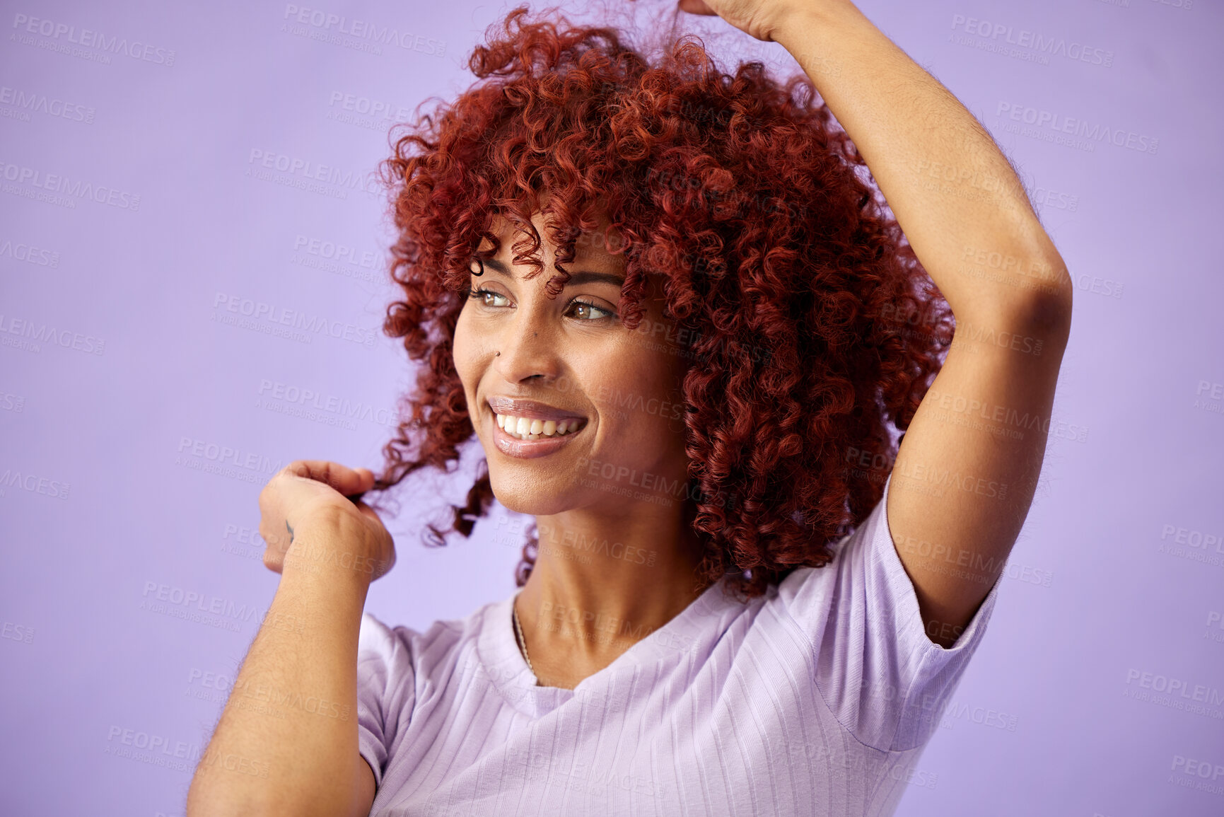 Buy stock photo Black woman, hair care and face with smile, natural afro and growth for glow and shine in studio on purple background. Wellness, person and healthy texture of cream and argon oil cosmetics indoor