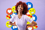 Influencer, portrait of woman with smile and emoji in studio to like, subscribe and review on post. Happy, face and streamer girl on purple background with notification icon opinion on social media.