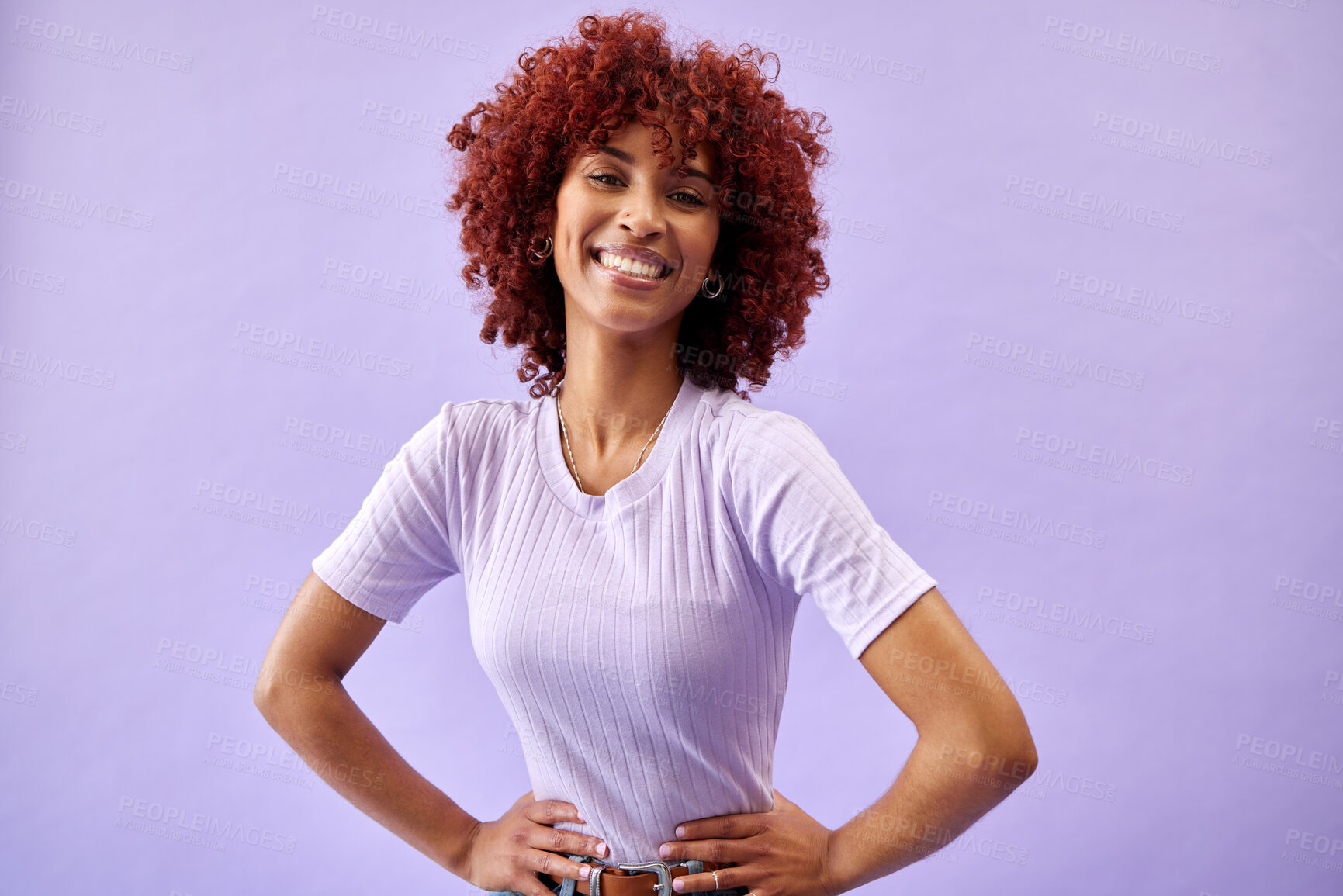 Buy stock photo Natural, beauty and portrait of African woman in fashion with confidence, pride and smile on purple background in studio. Happy, face and collagen cosmetics for afro or dermatology skincare in salon