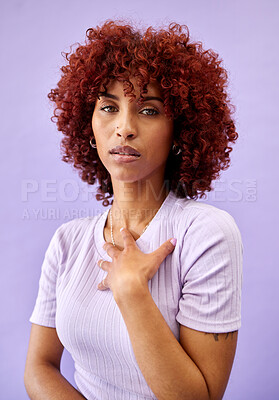 Buy stock photo Serious, portrait and African woman with fashion, natural beauty and gen z confidence on purple background in studio. Dermatology, face and model with pride, style and pose for cosmetics or skincare