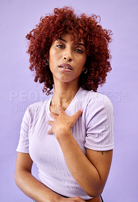Buy stock photo Serious, portrait and African woman with fashion, natural beauty and gen z confidence on purple background in studio. Dermatology, face and model with pride, style and pose for cosmetics or skincare