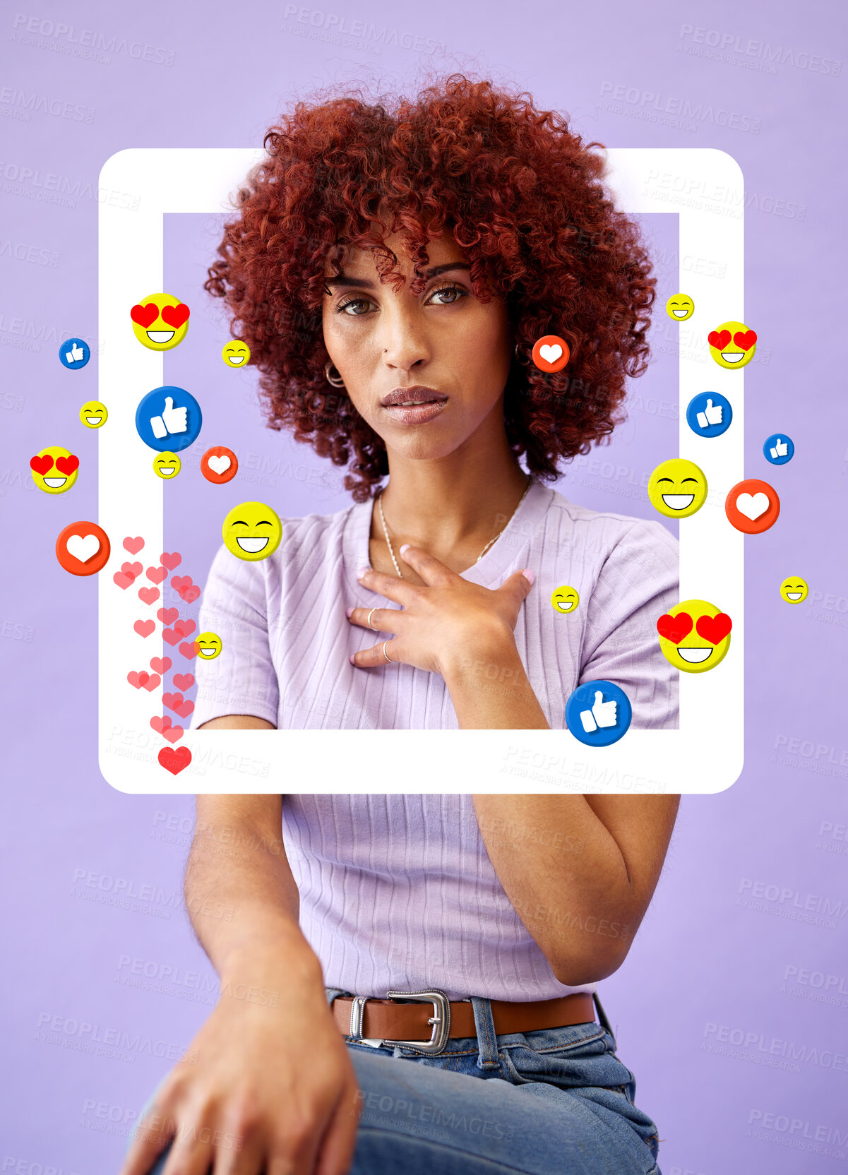 Buy stock photo Portrait of woman influencer, social media and emoji in studio to like, subscribe and review. Frame, face and streamer girl on purple background with notification icon overlay, opinion and networking