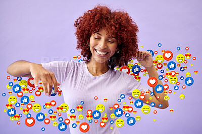 Buy stock photo Happy woman, content creator and social media emoji in studio to like, subscribe and review online. Smile, face and streamer girl on purple background with notification icon for vote, opinion and app
