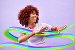 Woman, color or hologram with dancing, motion or celebration on a purple studio background. Person, model or girl with energy, holographic or move with achievement, motivation or wave with creativity