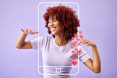 Buy stock photo Studio, woman influencer and social media icon to like, subscribe and review online with smile. Frame, face and streamer girl on purple background with notification emoji on phone for networking app
