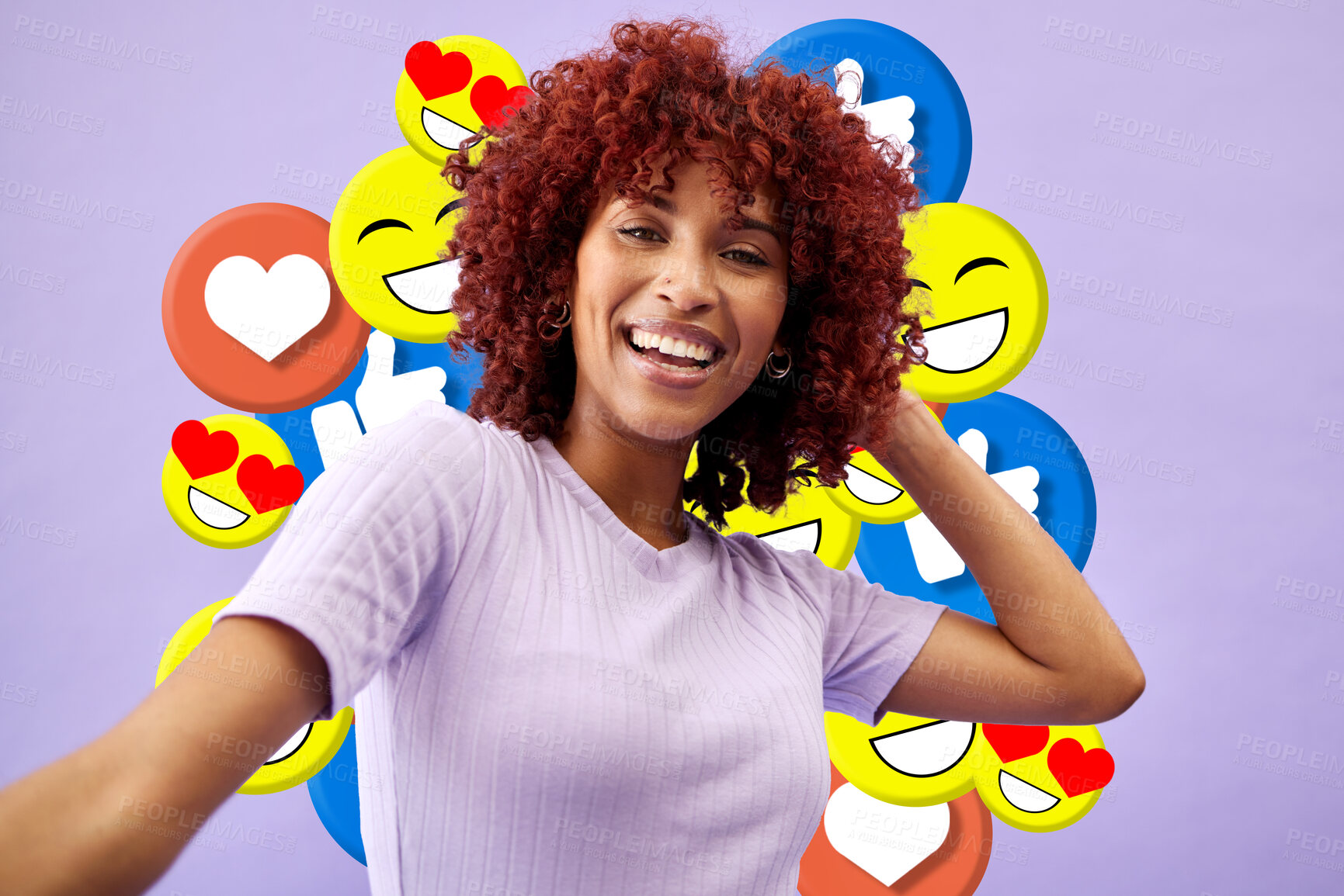 Buy stock photo Selfie of woman influencer, social media and emoji in studio to like, subscribe and review online. Photography, content creation and girl on purple background with notification icon on live stream.