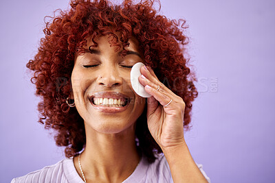 Buy stock photo Skincare, swab and happy woman in studio for cleaning, wellness or cosmetic on purple background. Beauty, smile and lady model with facial cotton for toner, cleanse or face pad for makeup application