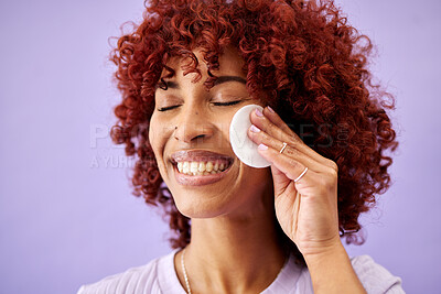 Buy stock photo Happy, skincare and woman with cotton pad in studio for wellness, hydration and cosmetics on lavender background. Beauty, face and female model smile for facial, pad or cleaning with thermal water