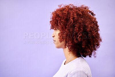 Buy stock photo Hair, profile and woman in studio for natural beauty, cosmetic or wellness on purple background. Haircare, side and lady model posing with red afro growth, texture or dye satisfaction and results