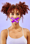 Cancel culture, overlay and silence with portrait of woman with tape in studio for censorship, social media and cyber bullying. Free speech, opinion and voice with person on purple background