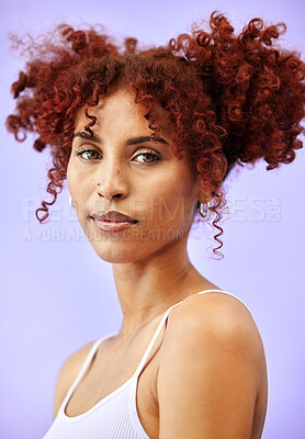 Buy stock photo Beauty studio, portrait and woman with hair dye results of curly hairstyle treatment, natural cosmetics or self care wellness. Face makeup, hairdressing salon and ginger model on purple background