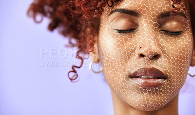 Buy stock photo Skincare, mockup and a facial recognition for beauty with a woman on a purple background in studio. Face, future and innovation with a young model scanning her skin for change or transformation