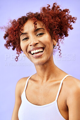 Buy stock photo Smile, fashion and happy woman with aesthetic beauty, style and hair isolated in a studio purple background. Hairstyle, makeup and portrait young person with luxury, care and cosmetic for skincare