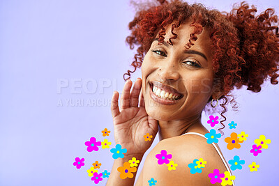 Buy stock photo Beauty, flowers and icon portrait of woman in studio for skin care, dermatology and cosmetics. Healthy and natural face of model with creative floral art, overlay or emoji on purple background space 